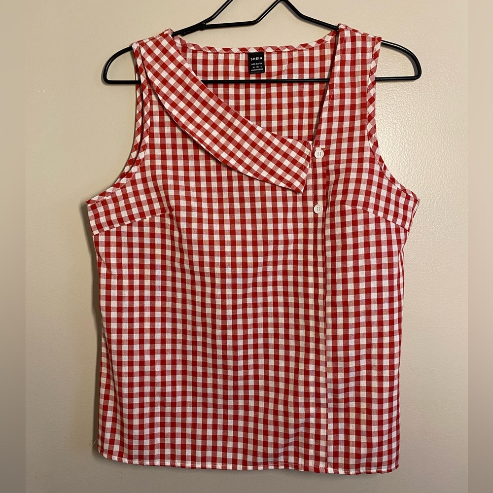 SOLD Red Gingham Asymmetrical Sleeveless Top Medium